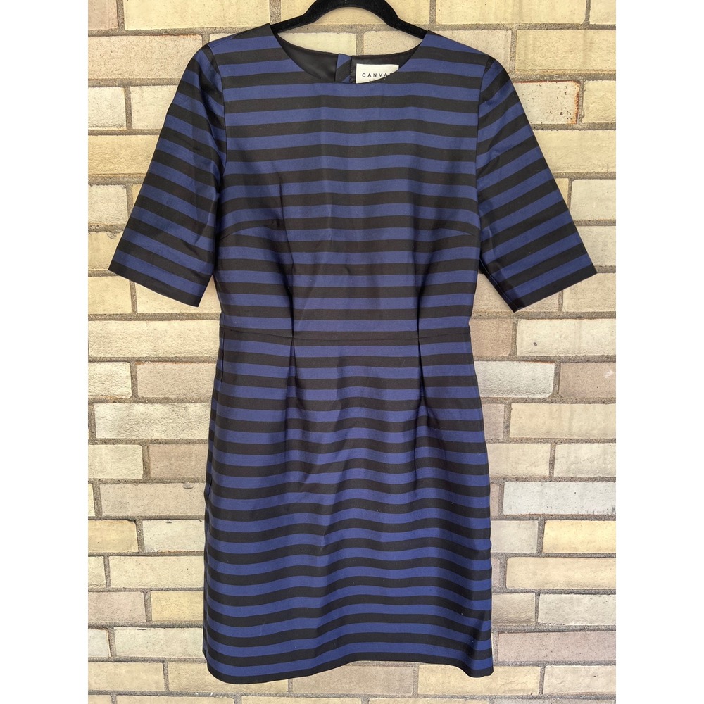 Canvas by Lands End Blue Black Striped Cotton Silk Sheath Dress Size Small 6